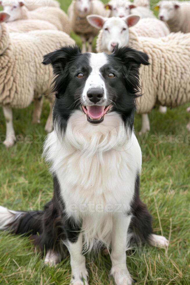 energisch Rand Collie Hündchen Hüten Schaf im üppig Weide ein Clever Arbeiten Hund foto