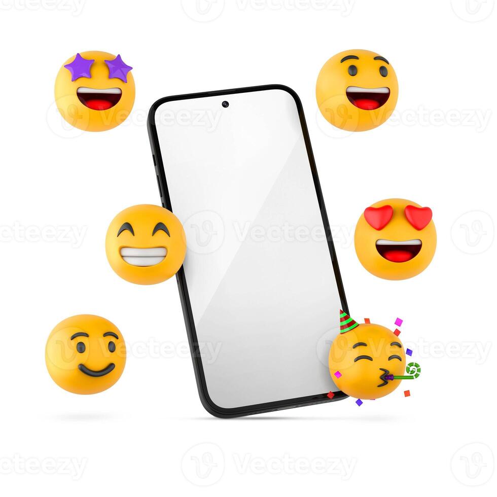 Telefon mit Emoji auf Weiß Hintergrund foto