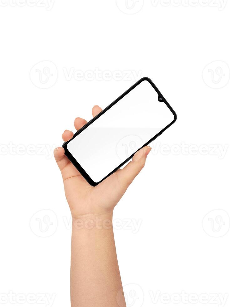 Telefon im Frau Hand auf Weiß Hintergrund foto
