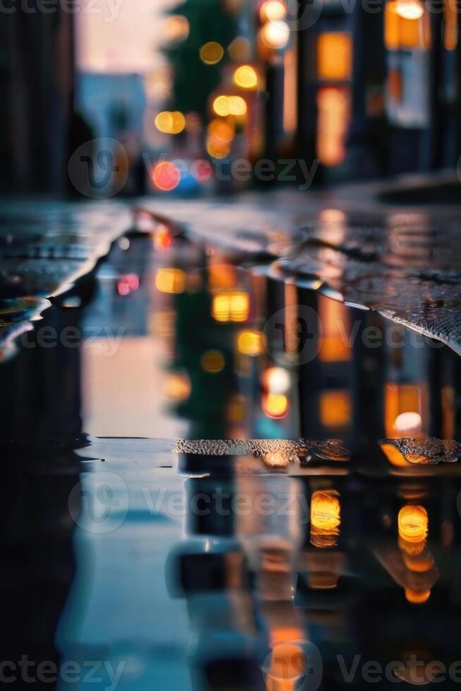 ein Straße beim Nacht mit Beleuchtung und Reflexionen foto