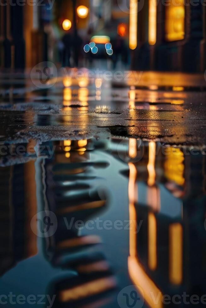 ein Straße beim Nacht mit Beleuchtung und Reflexionen foto