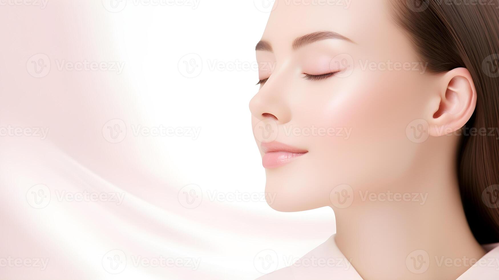 Porträt von ein jung Frau mit geschlossen Augen auf Licht Hintergrund. Schönheit Konzept foto