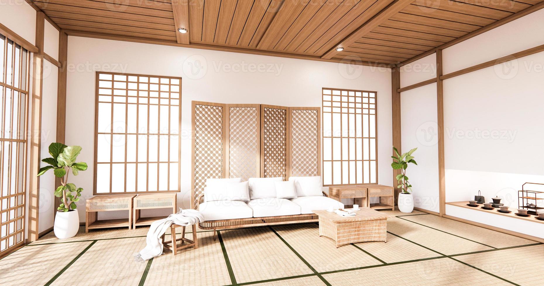 Sofa und Trennwand japanisch auf tropischem Interieur des Zimmers mit Tatami-Mattenboden und weißer Wand. 3D-Rendering foto