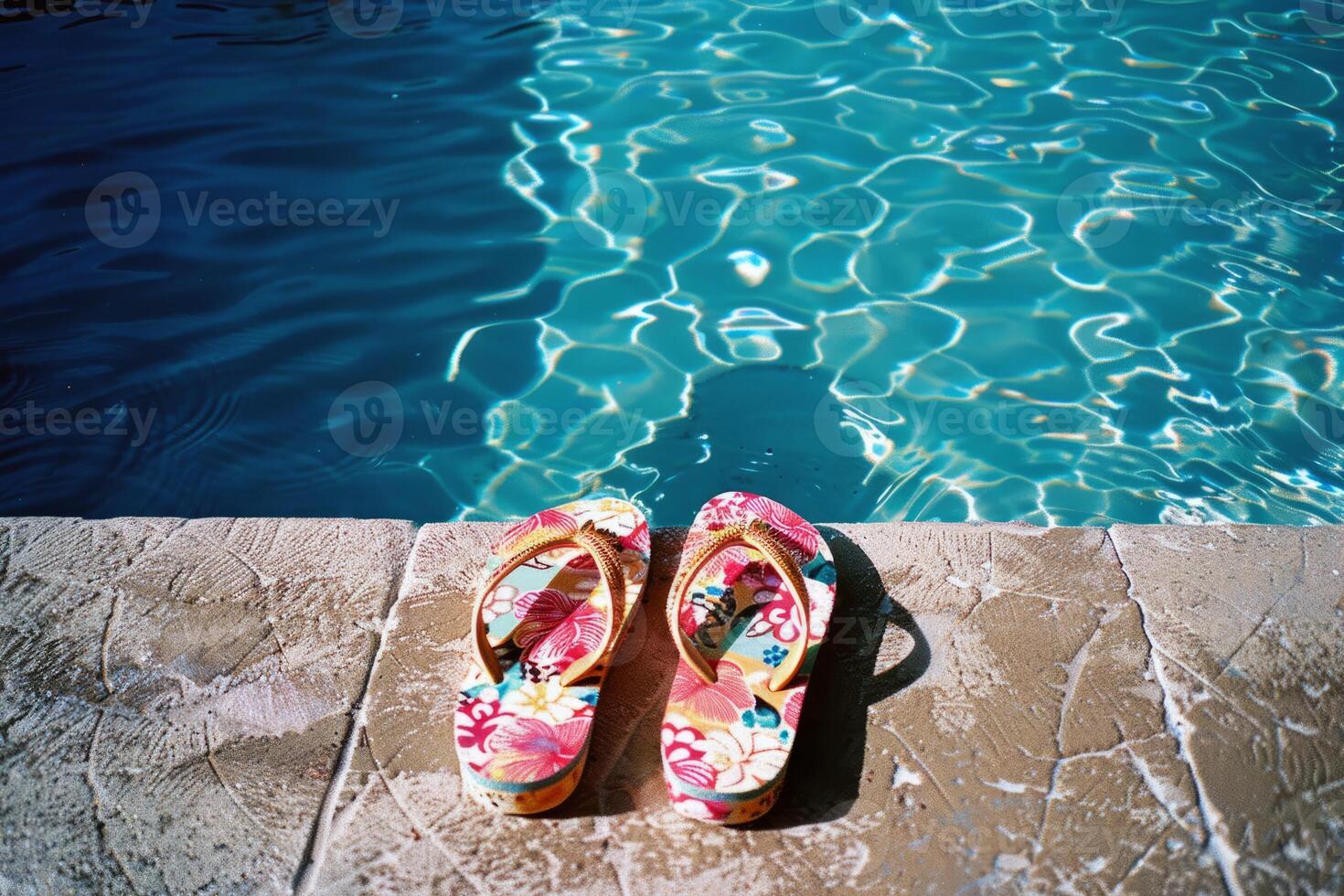 Paar von Flip Flops links beim das Kante von Schwimmbad, Signalisierung sorglos Sommer- Tag foto