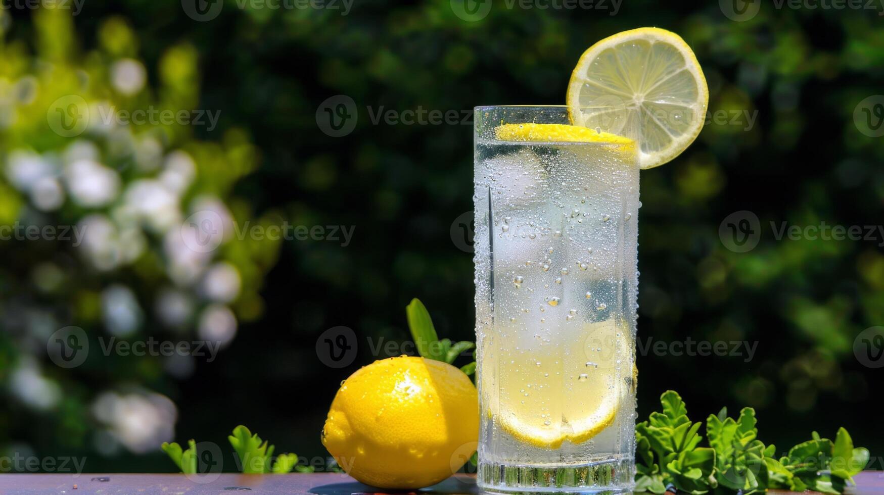 erfrischend Glas von Limonade, Kondensation glitzernd im das Sommer- Hitze foto