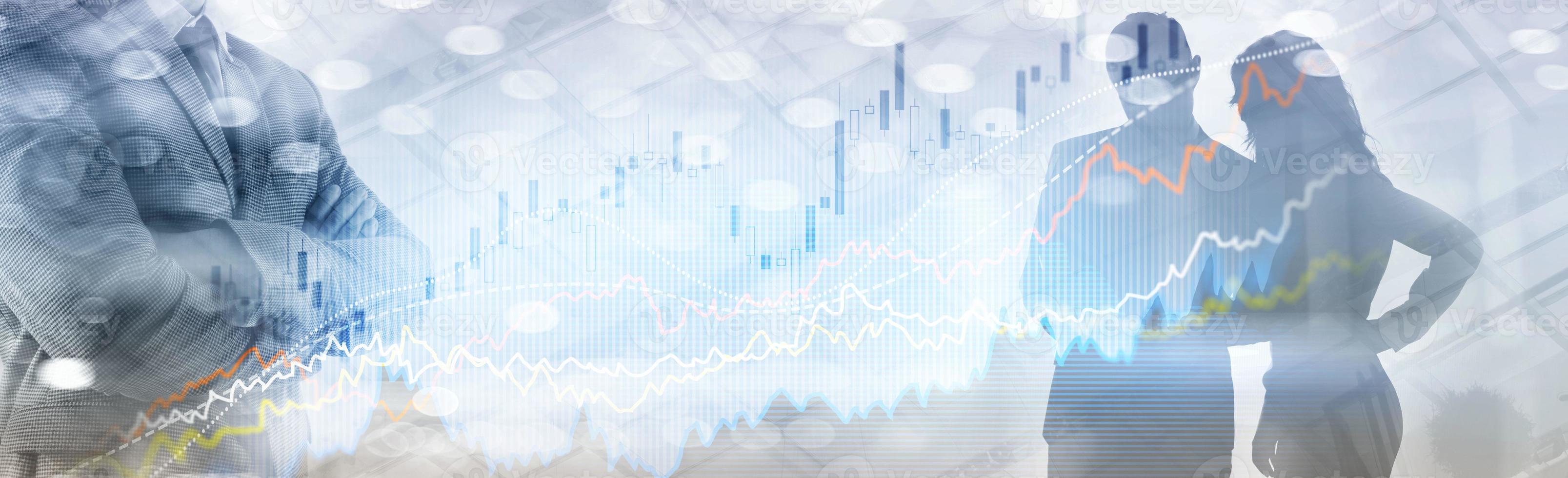 Business Finance Growth Graph Chart, der das Diagramm für den Handel und das Devisenbörsenkonzept analysiert Doppelbelichtung foto