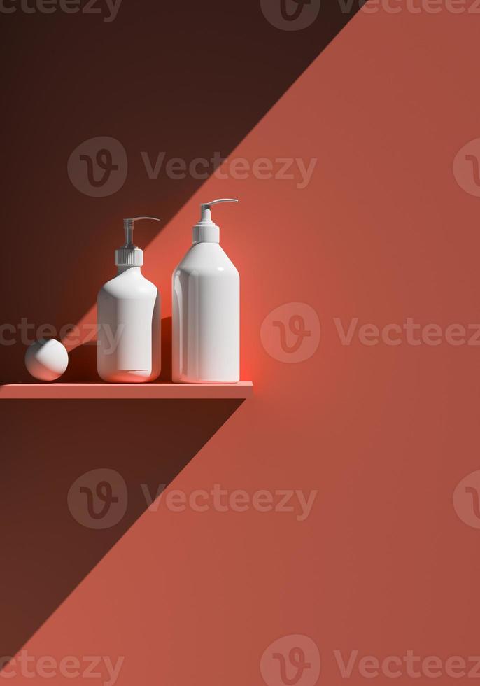 Kosmetikmarke Vorlage. Rasterverpackung. Öl, Lotion, Shampoo. Flaschenmodell eingestellt. auf dem Regal. 3D-Darstellung foto