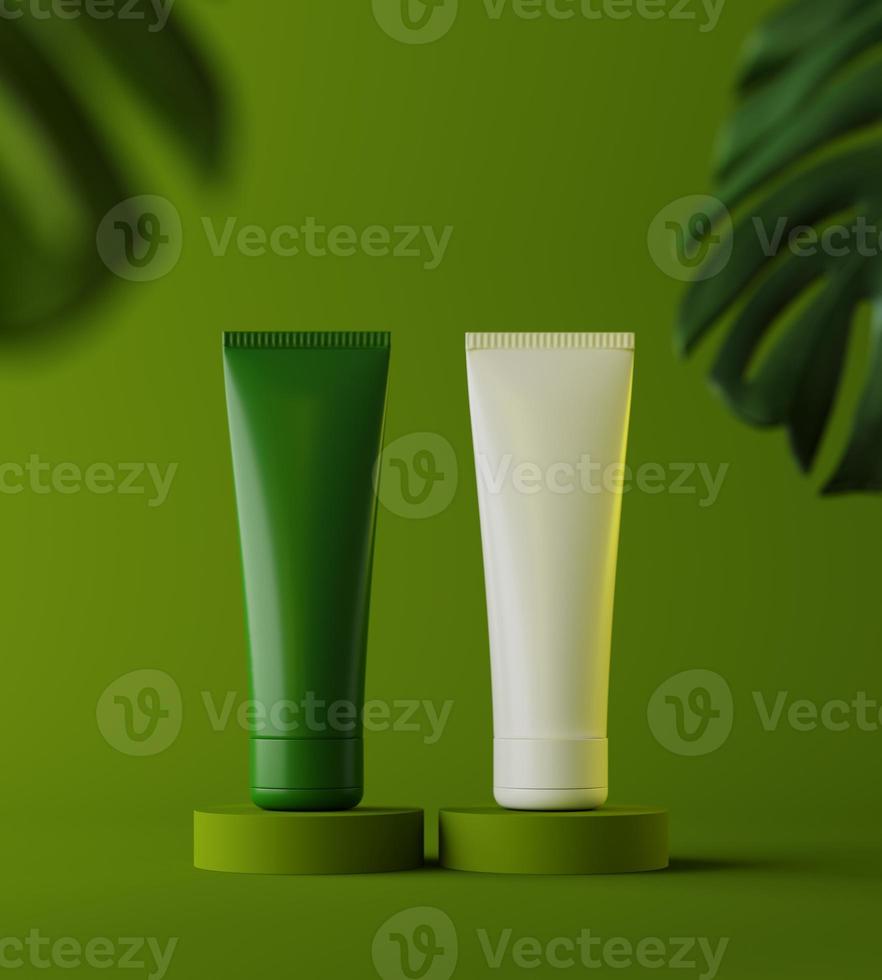 Design von Naturkosmetikcreme, Serum, leere Flaschenverpackung für die Hautpflege mit Blätterkraut, Bio-Bio-Produkt. Schönheit. 3D-Abbildung. Produktpräsentation foto