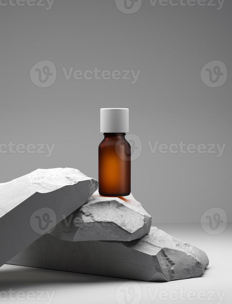 ätherisches Öl und gestapelte weiße Steine auf weißem Hintergrund. mock-up mit kopierraum. Konzept von Wellness und Naturkosmetik. 3D-Darstellung. foto