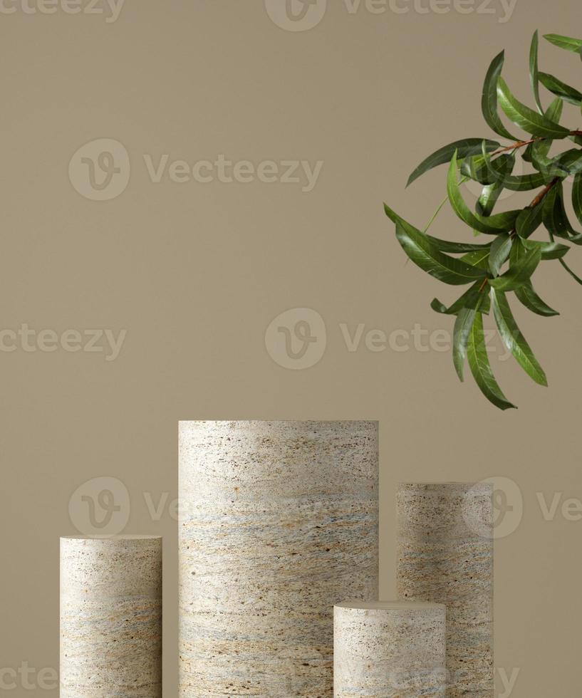 Podest für die Präsentation von Naturkosmetikprodukten. Steinzylinder mit Pflanzenblättern. 3D-Darstellung. foto