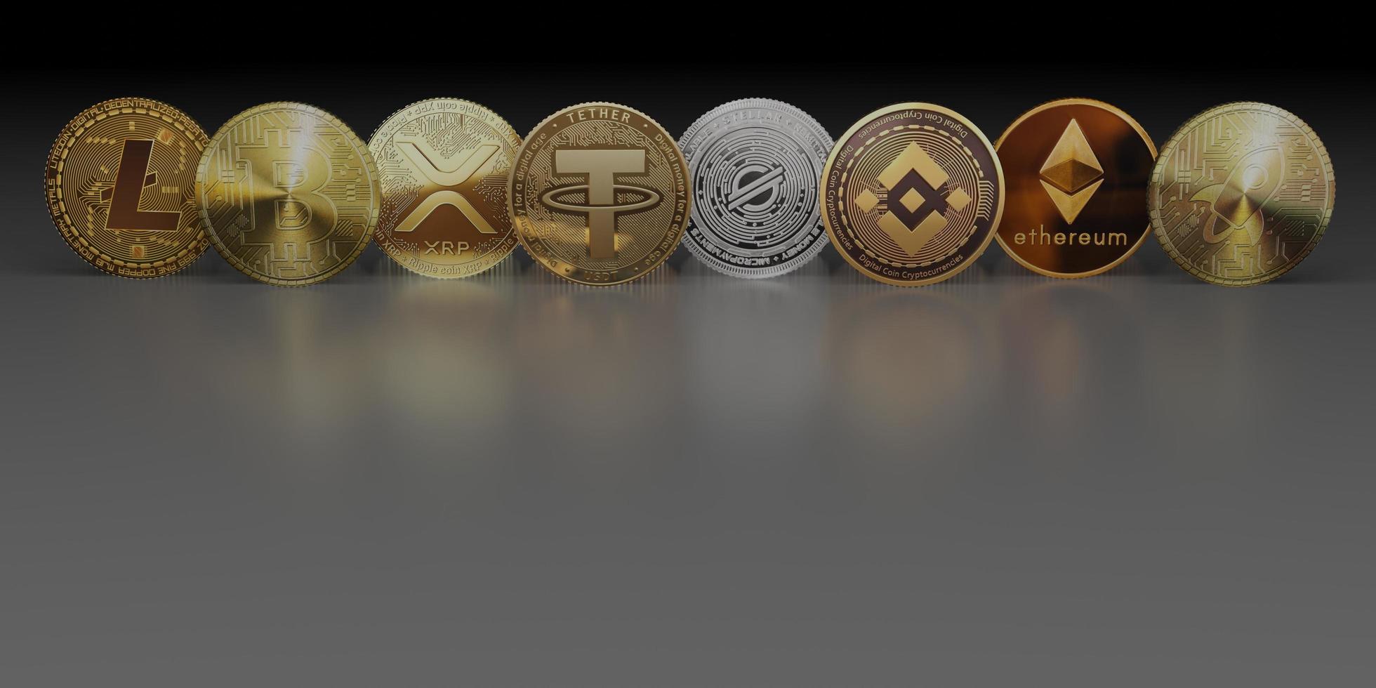 umfassen Kryptowährungsmünzen mit Bitcoin-Litecoin- und Ethereum-Symbolen auf dunkler Hintergrundreflexion foto