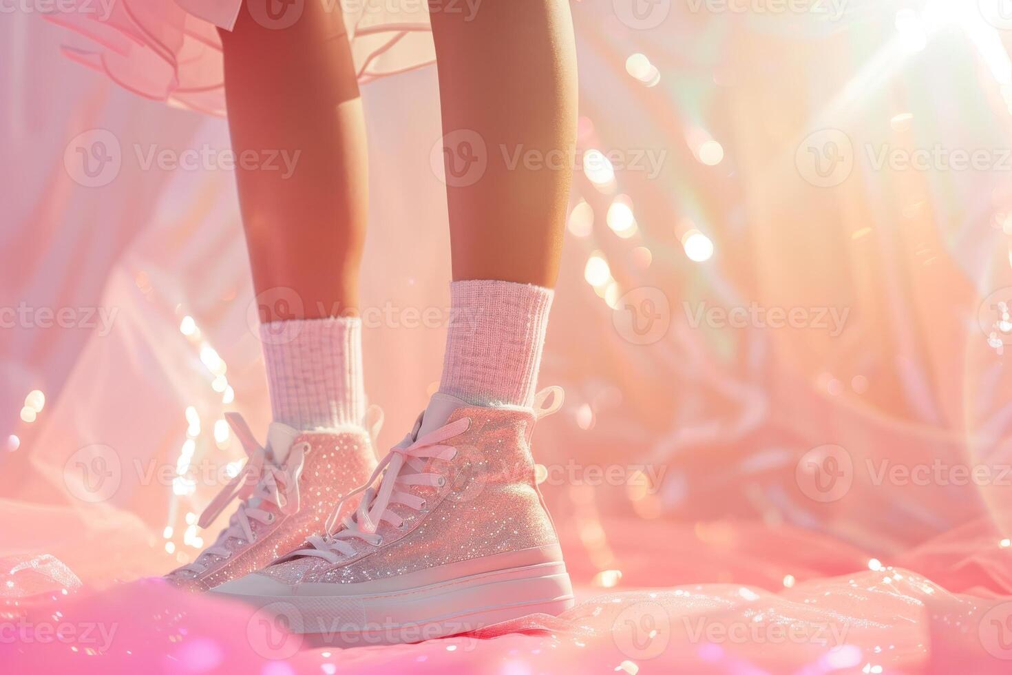 schön weiblich Beine mit glänzend Turnschuhe und Weiß Socken auf ein Rosa Hintergrund. glamourös schick und schimmern von Sonnenlicht foto