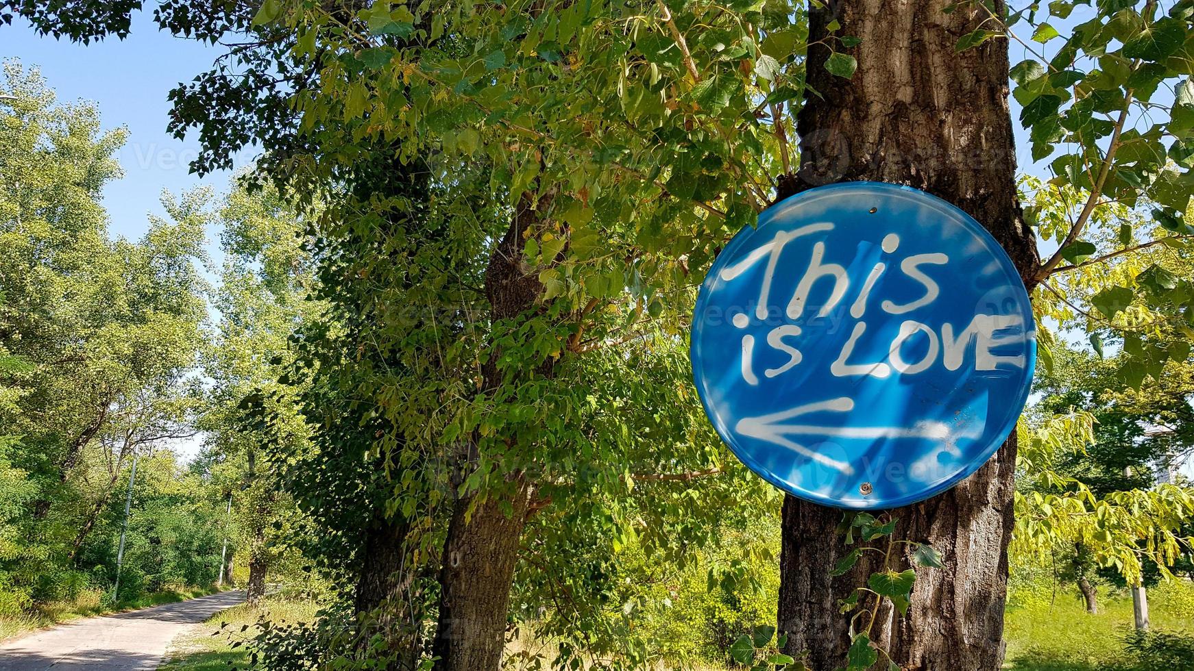 die Aufschrift im Wald auf dem Wegweiser ist Liebe foto