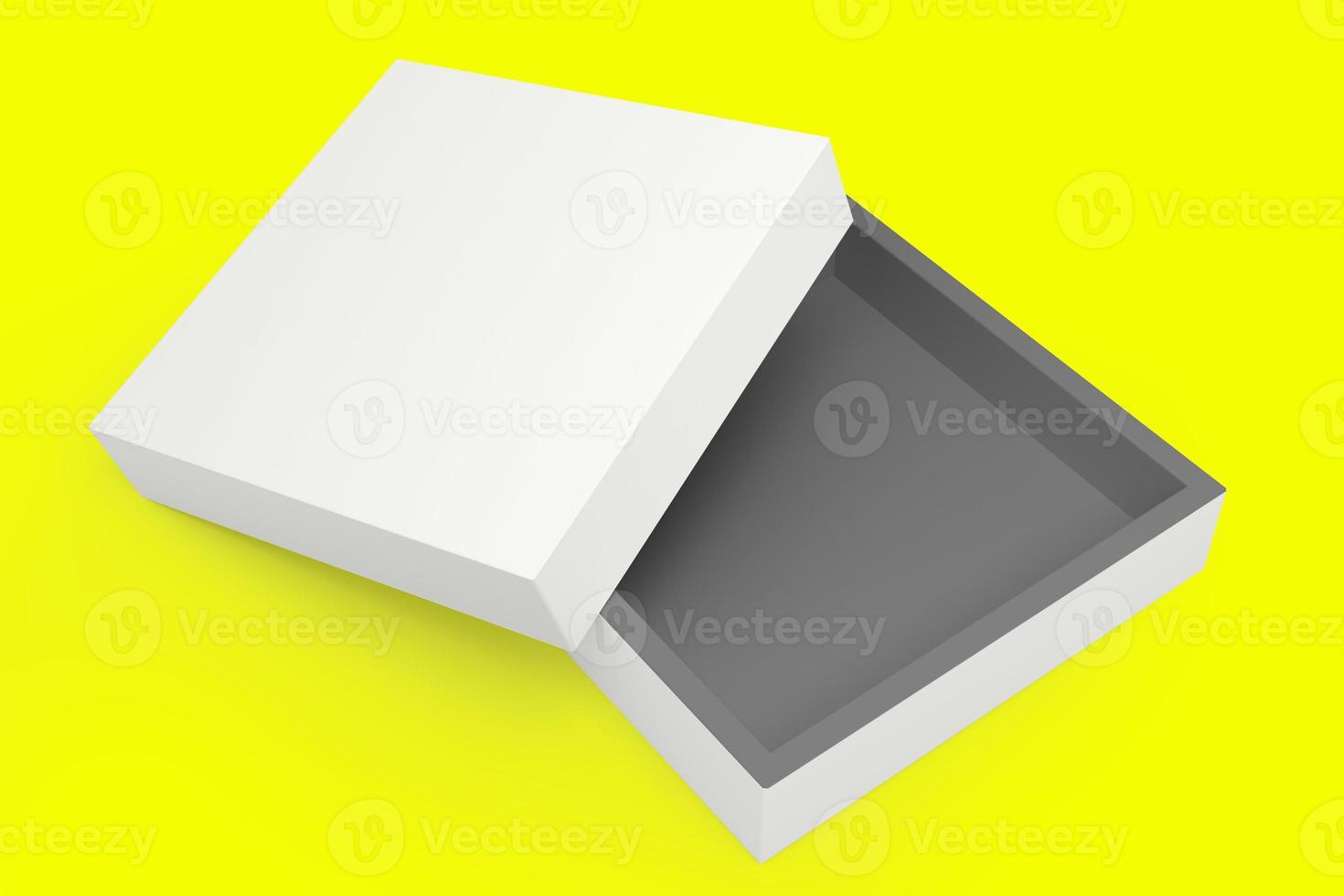 Geschenkbox aus Papier. quadratischer weißer Kasten auf gelbem Hintergrund. Verpackung für Modell. Geschenkbox. 3D-Rendering. foto