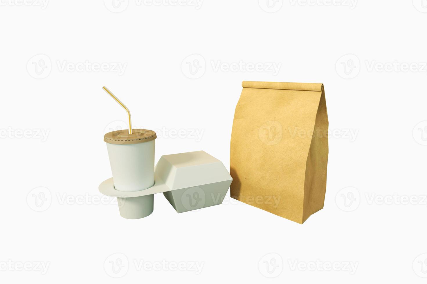Fast-Food-Verpackungsset. Papierkaffeetassen in Halter, Lebensmittelbox 3D-Rendering. foto