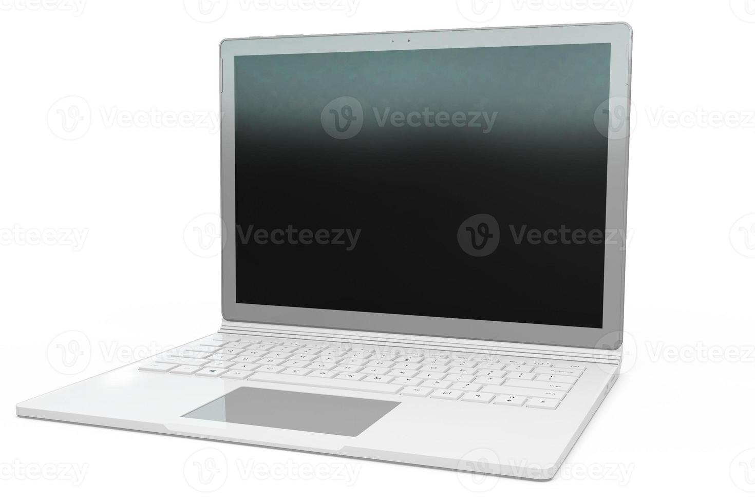 3D-Rendering des Laptop-Notebook-Mock-up mit weißem Hintergrund. Technologie-Gadget für Hipster-Hintergrundkonzept. hohe Auflösung foto