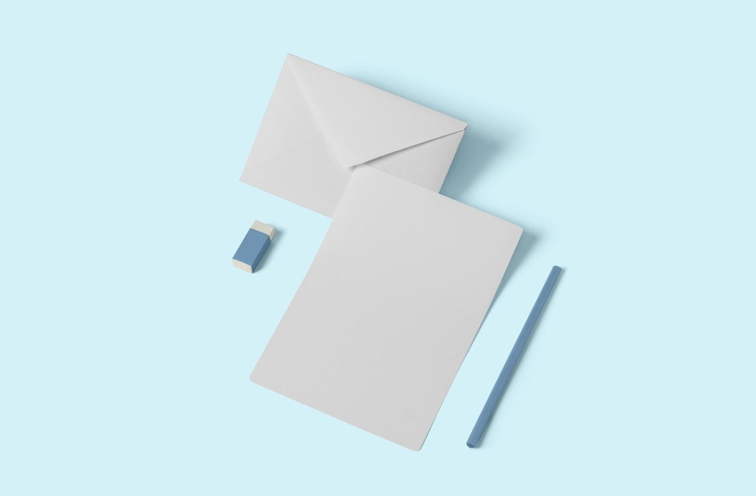 weißes leeres Briefpapiermodell, fügen Sie Ihr Design hinzu. einfaches Schulkonzept isoliert auf weichem Blau. foto