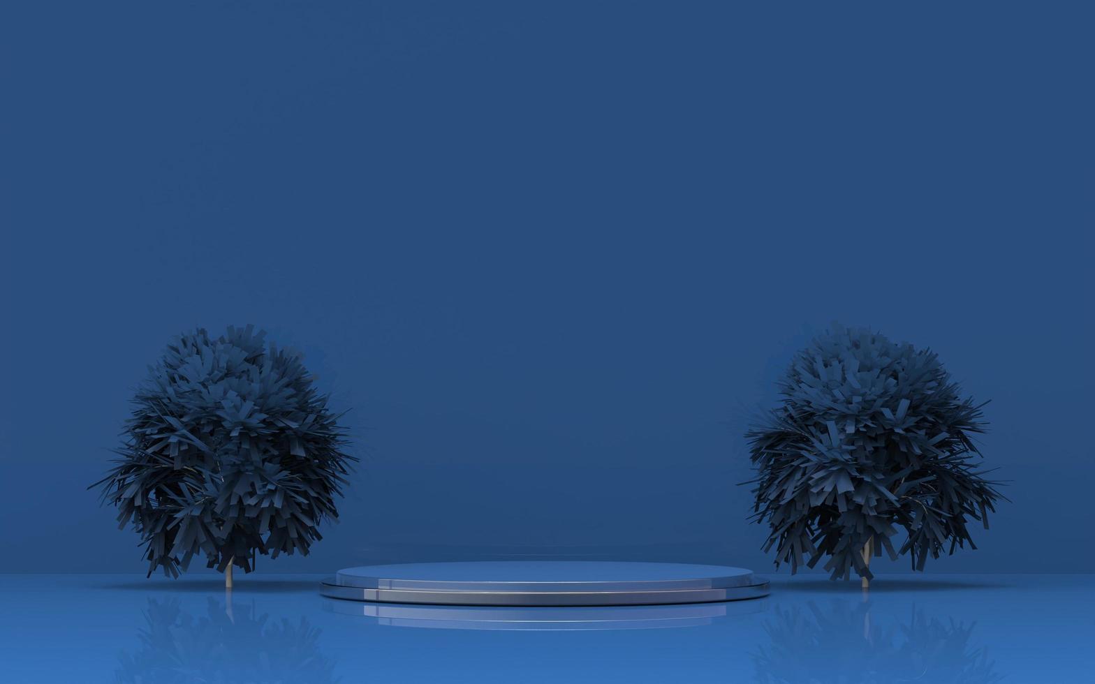 3D-Podium dunkelblauer Hintergrundsockel mit doppelter Baumnatur für Produktpräsentation und Werbung foto