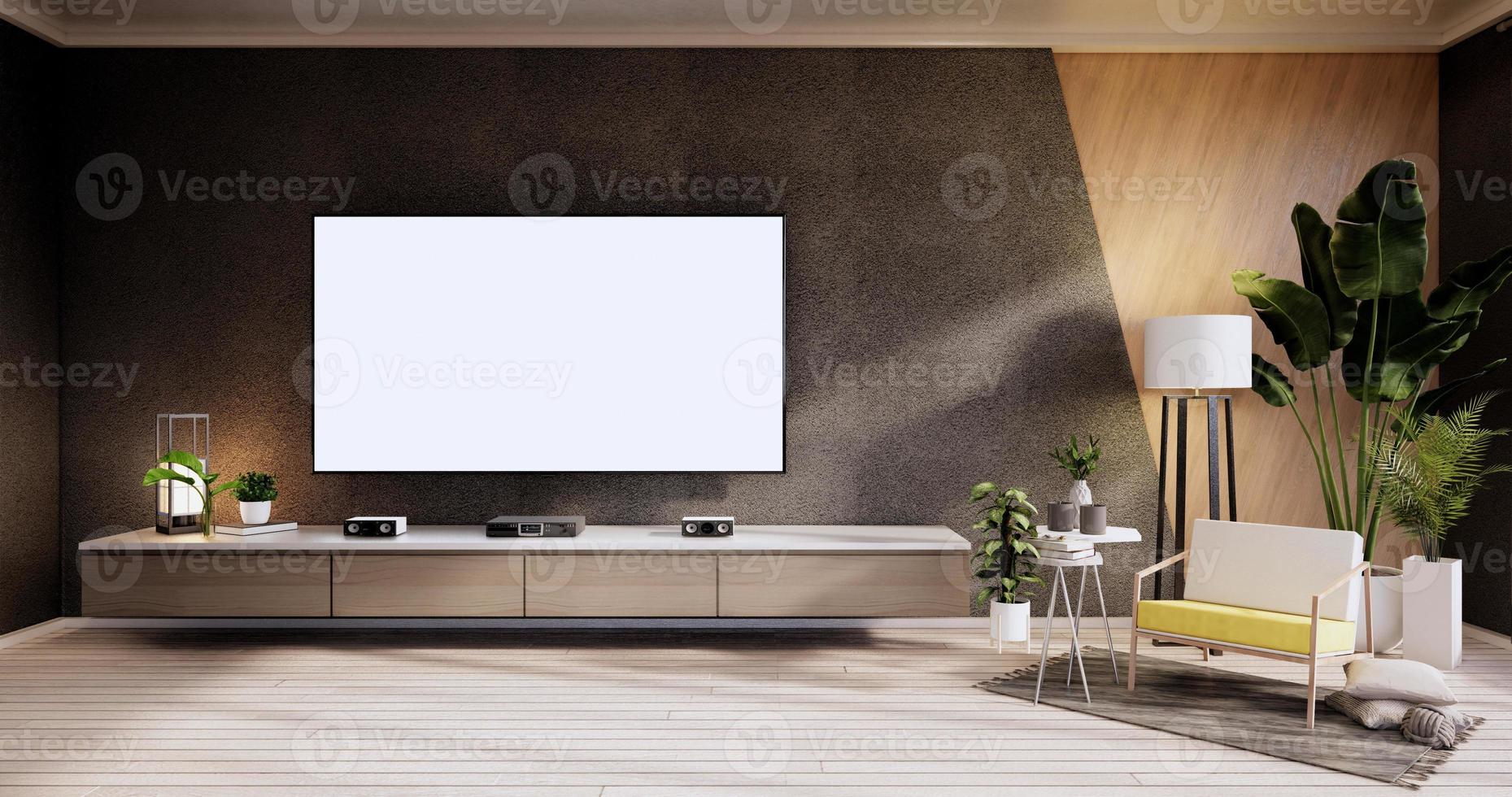 TV-Schrank, Sessel auf Holzboden und schwarzes und hölzernes Wanddesign, minimalistisches Wohninterieur.3D-Rendering foto