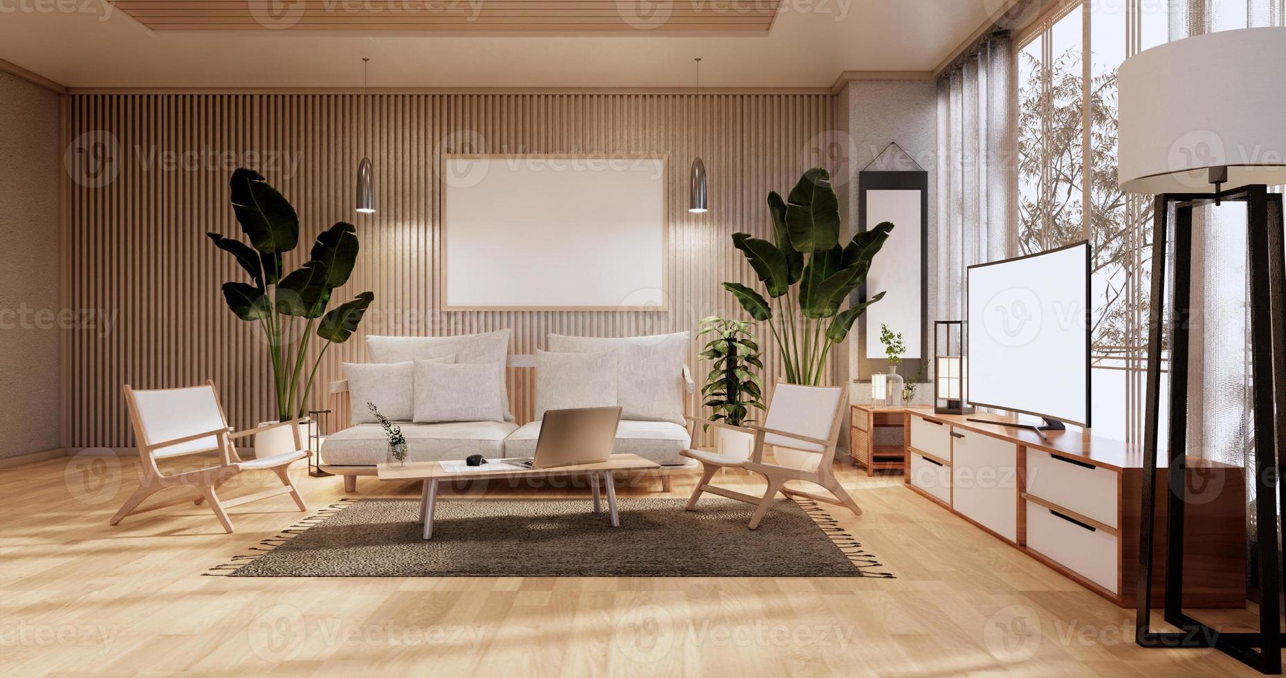 Schrank im Wohnzimmer mit Tatami-Mattenboden und Sofa-Sessel-Design. 3D-Rendering foto