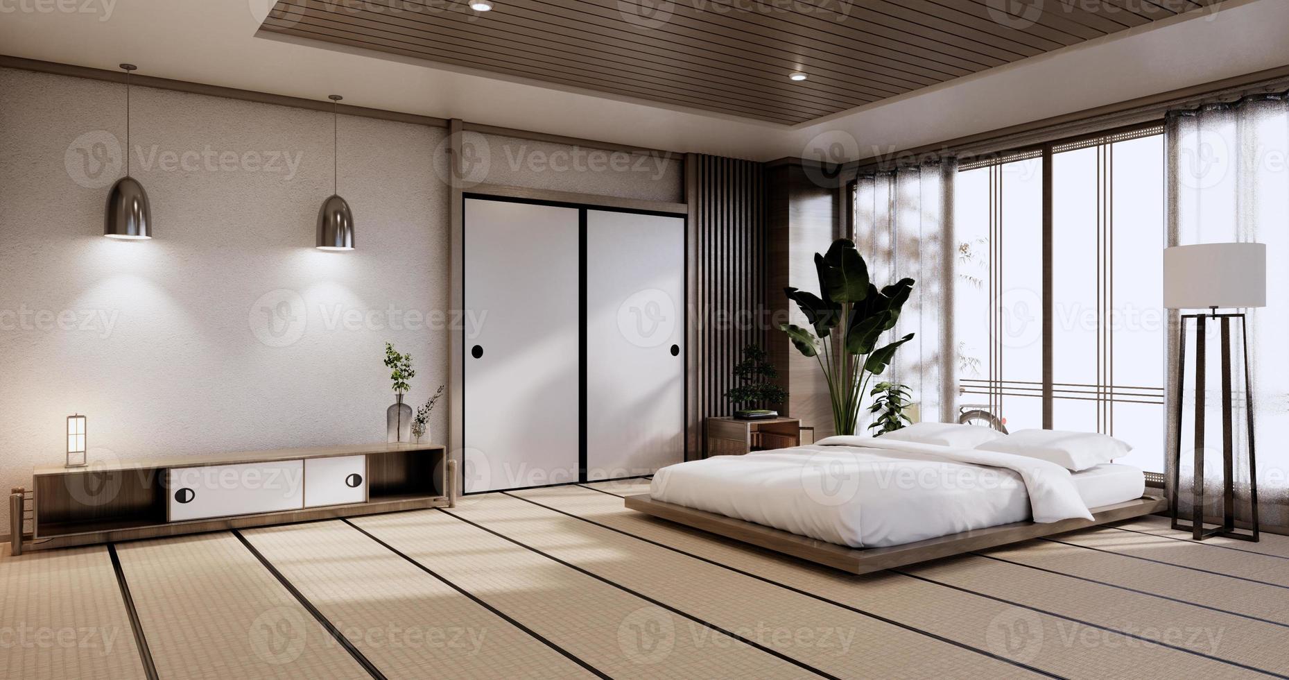 Innenmodell mit Zen-Bettanlage und Dekoartion im japanischen Schlafzimmer. 3D-Rendering. foto