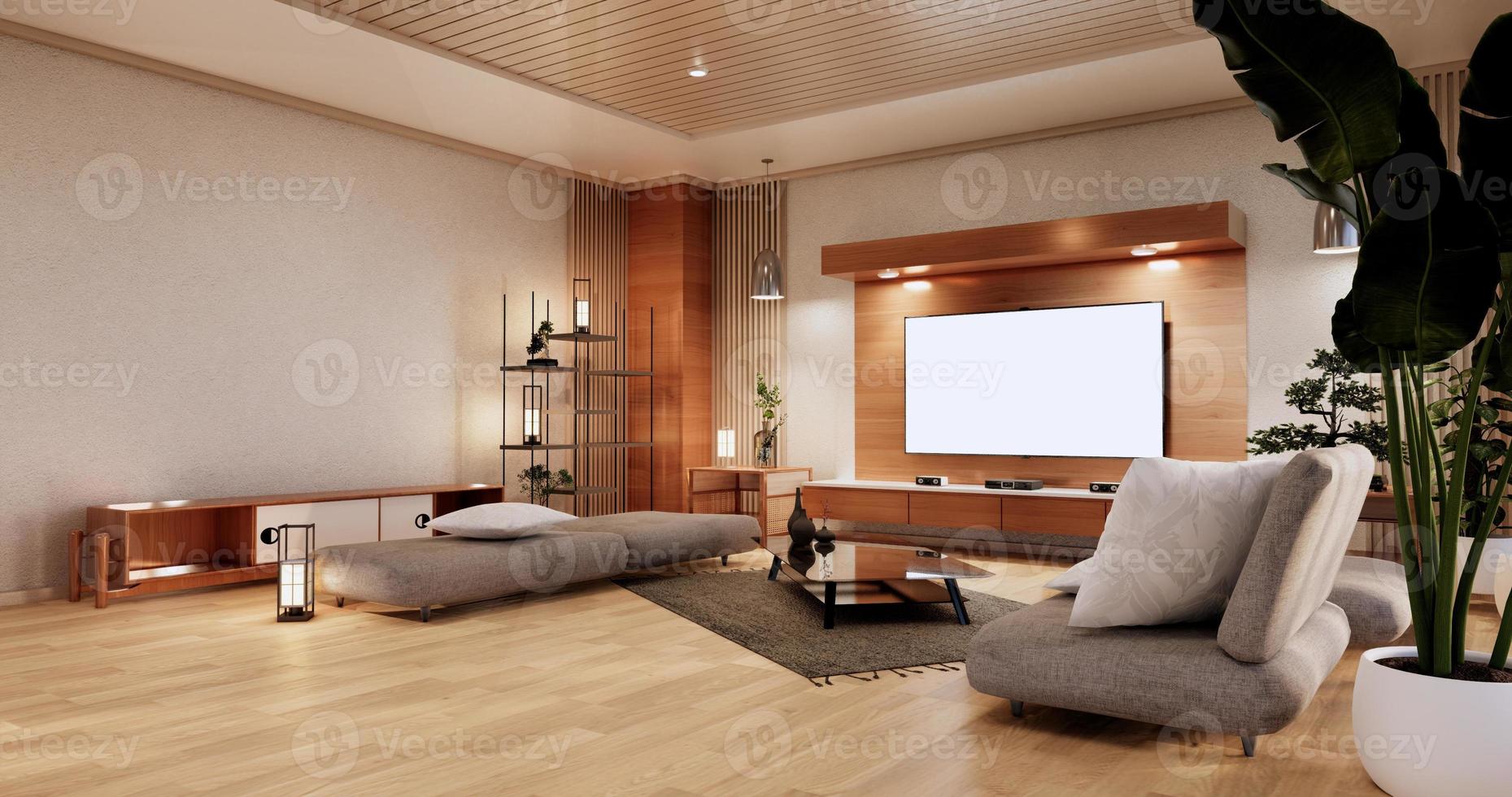 Schrank im Wohnzimmer mit Tatami-Mattenboden und Sofa-Sessel-Design. 3D-Rendering foto