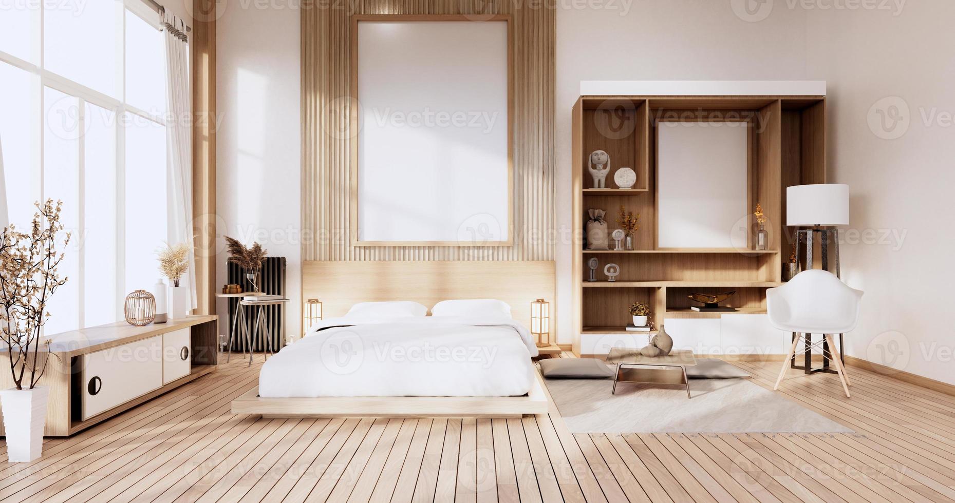 minimalistisches, stilvolles Interieur des modernen Holzzimmers mit bequemem Bett. 3D-Rendering foto