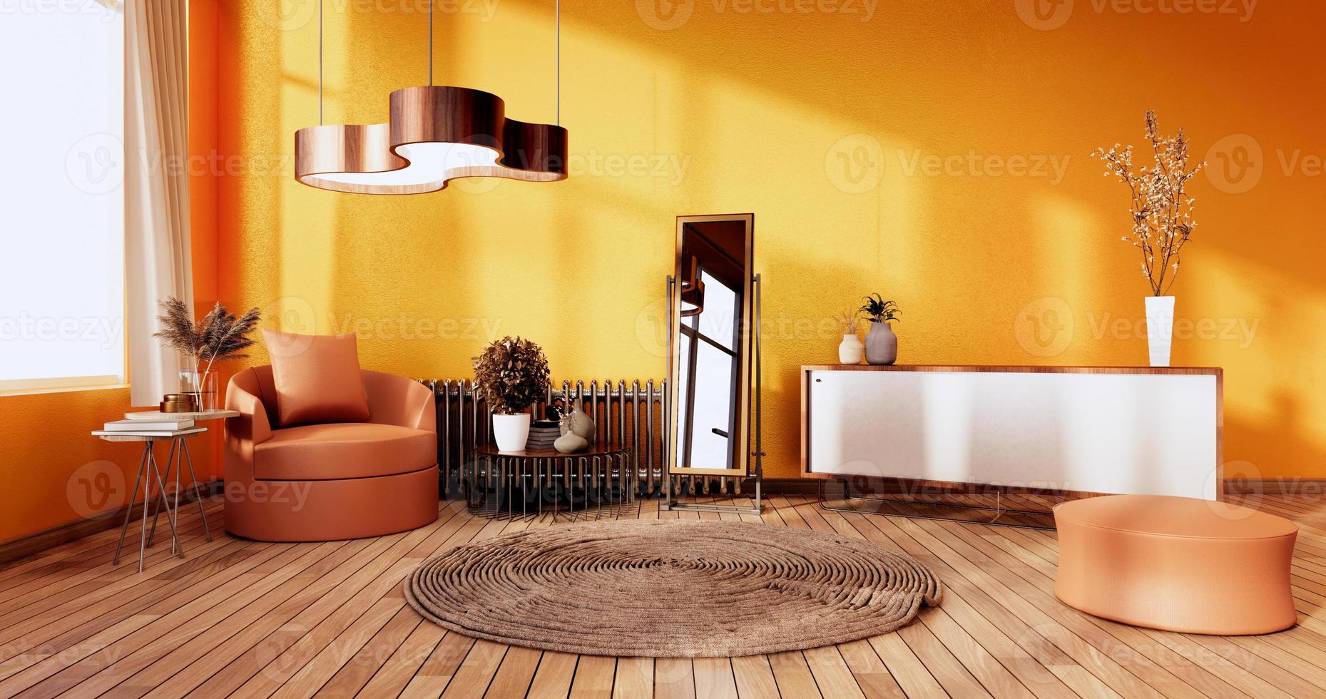 Orange Wohnzimmer Interieur auf Orangewall Hintergrund. 3D-Rendering foto