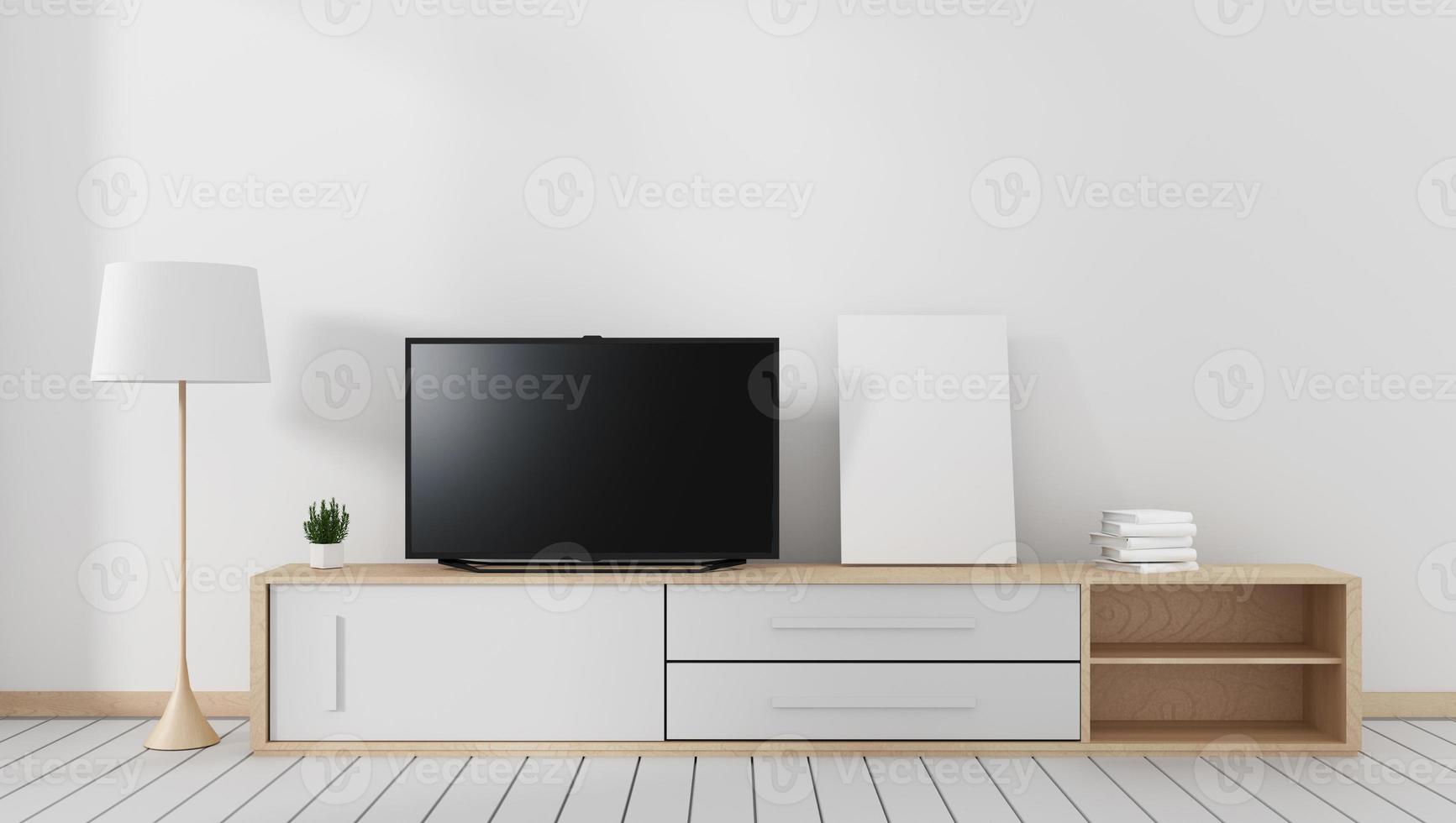 Smart-TV mit leerem schwarzem Bildschirm am Karabiner, modernes Wohnzimmer mit weißem Holzboden. 3D-Rendering foto