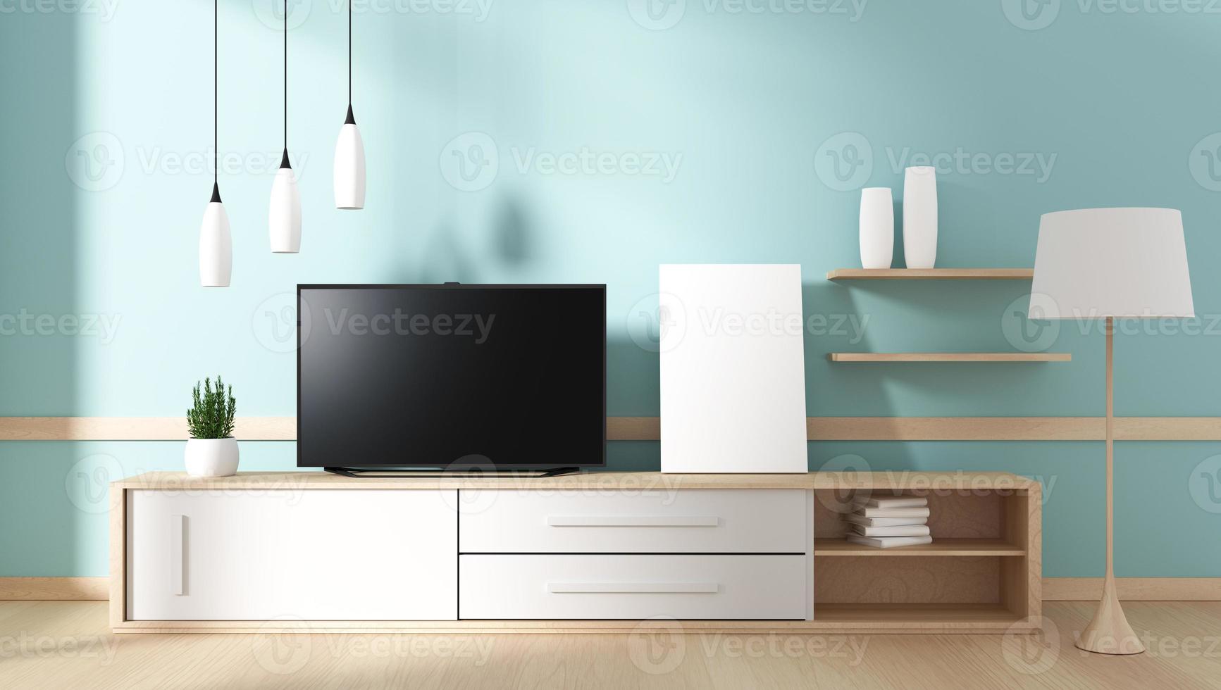 Smart-TV mit leerem schwarzem Bildschirm, der am Schrank hängt, modernes Wohnzimmer mit Boden. 3D-Rendering foto