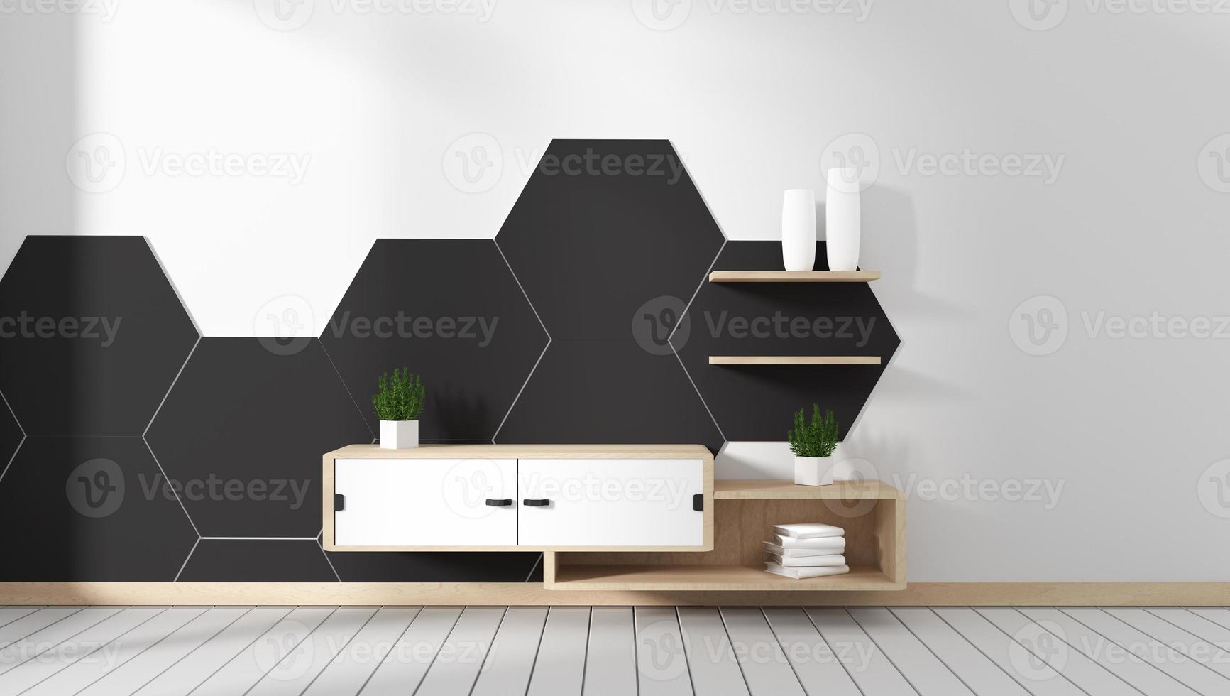 TV-Schrank im Zimmer schwarze Sechseck-Fliese minimalistische Designs, Zen-Stil. 3D-Rendering foto