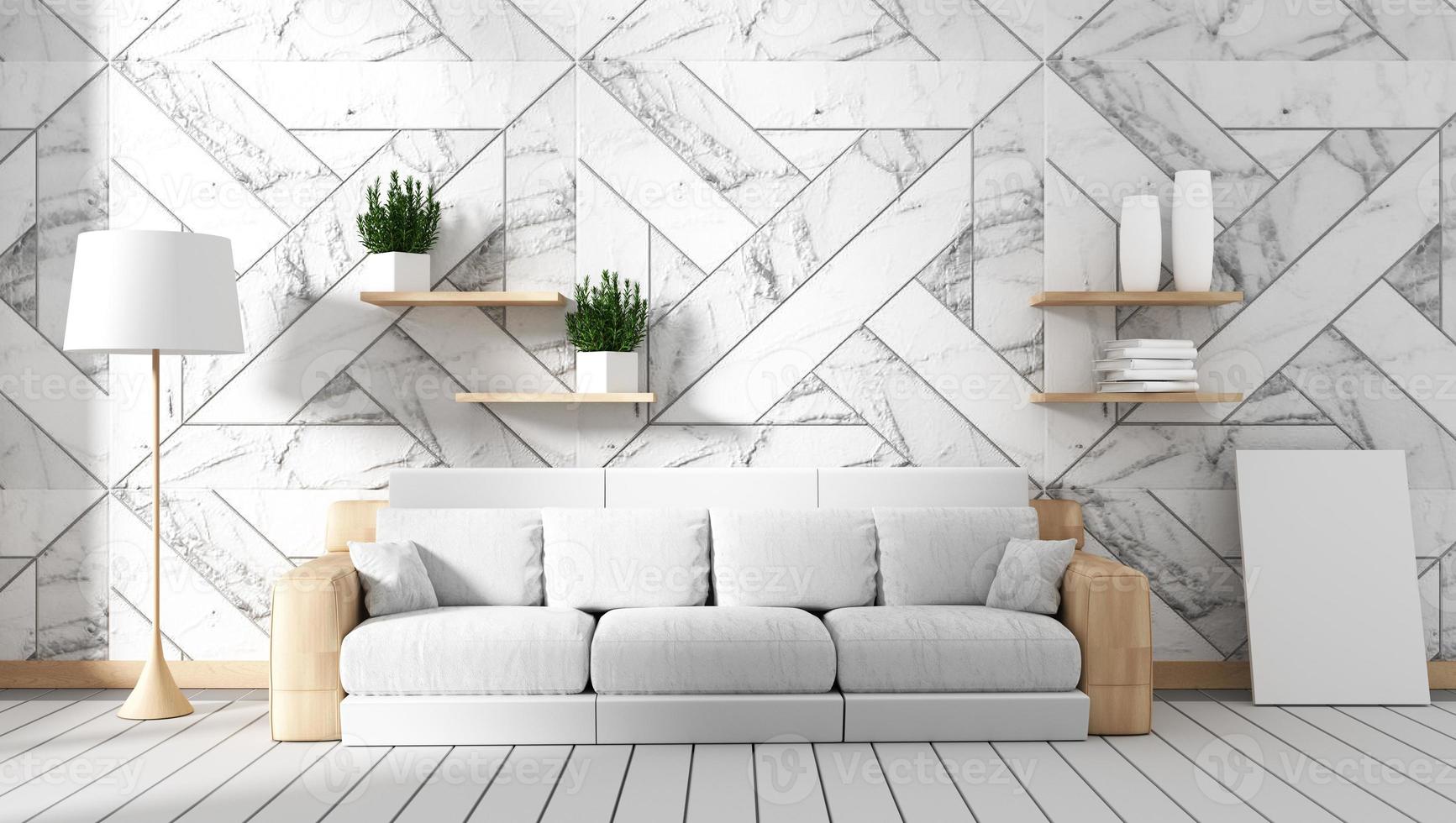 Wohnzimmerinnenraum mit Sofa und Grünpflanzen auf Granitwandhintergrund, minimale Designs, 3D-Rendering foto