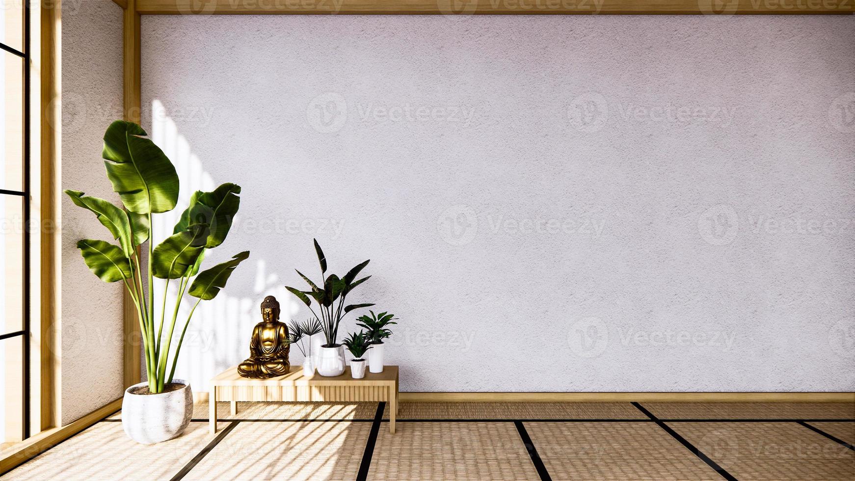 Tischschrank Holzdesign auf Wohnzimmer Zen-Stil leere Wand Hintergrund. 3D-Rendering foto