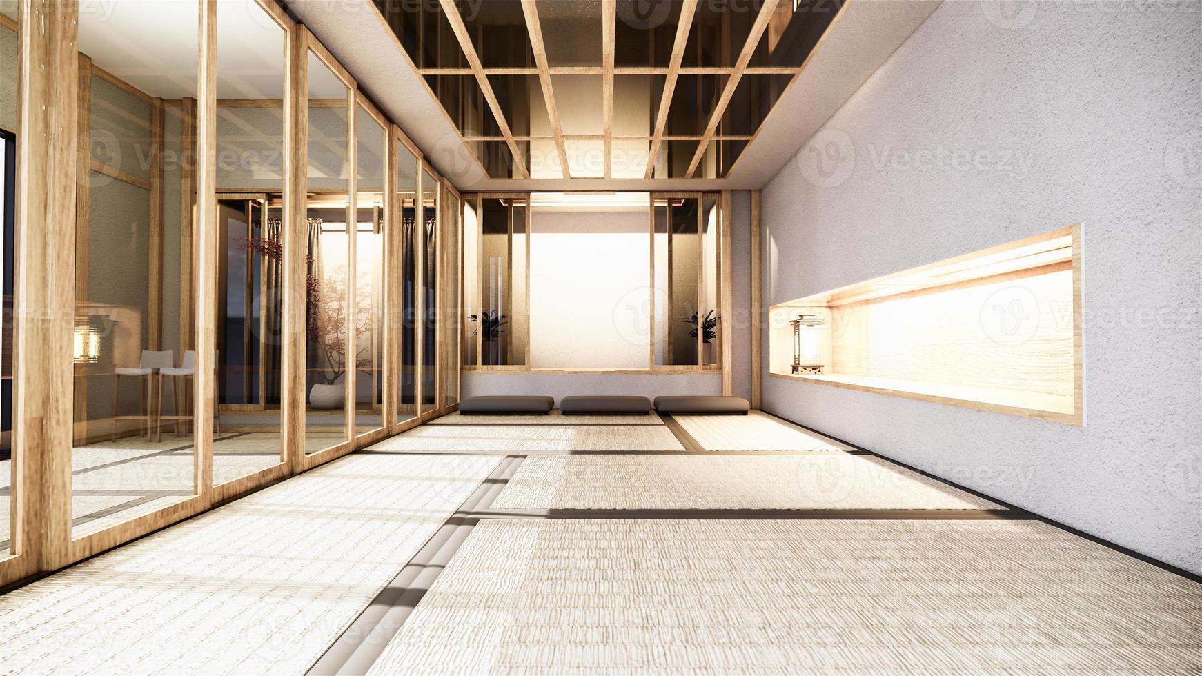 Nihon-Raumdesign-Interieur mit Türpapier und Schrankregalwand auf Tatami-Mattenbodenraum im japanischen Stil. 3D-Rendering foto