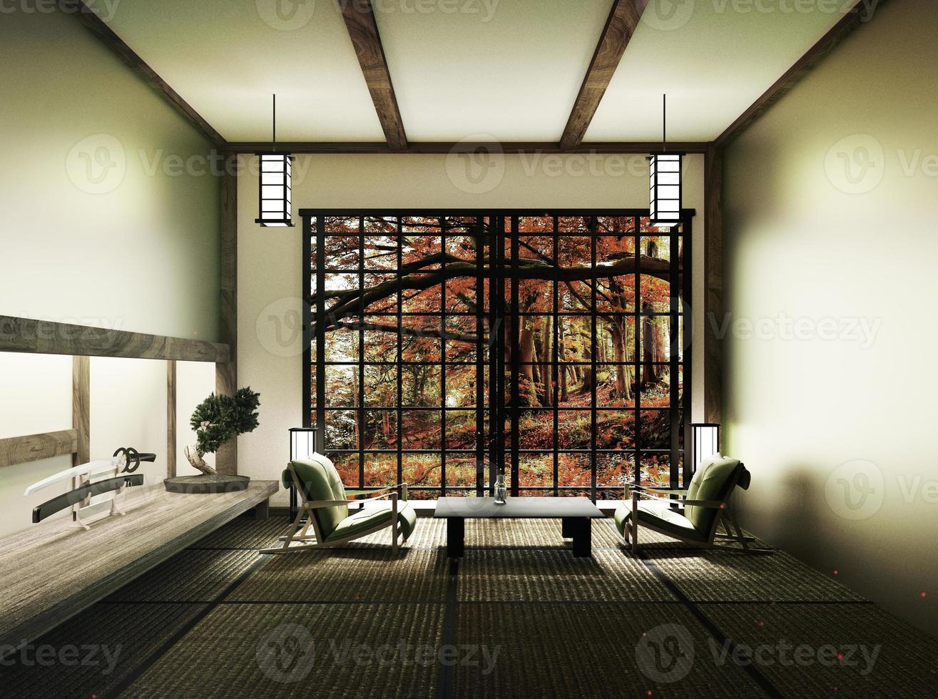 Frühlingszimmer mit Bonsai-Baum und niedrigem Tisch auf Tatami-Matte und Fensteransicht Frühlingsbaum, japanischer Stil. 3D-Rendering foto