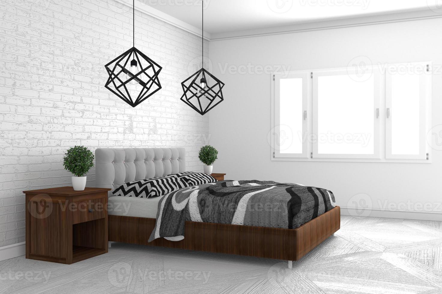 schön, schlafzimmer in moderner innenarchitektur auf weißem boden und weißem wandhintergrund, leerer raum. 3D-Rendering foto