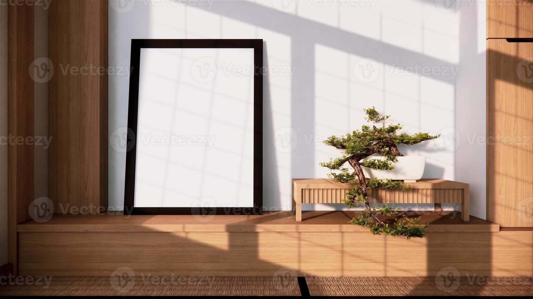 Regalwand-Design-Zen-Innenraum des Wohnzimmers im japanischen Stil. 3D-Rendering foto