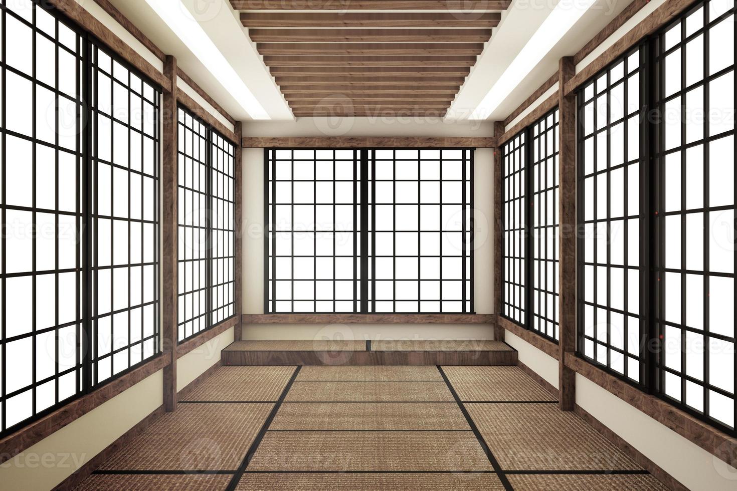 Wohnzimmerinnenraum und minimalistisches Design mit Tatami-Mattenboden und japanischem, leerem Rauminnenraum, 3D-Rendering foto