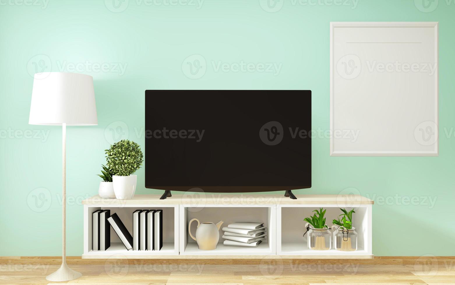 mockup smart tv, mint wohnzimmer mit minimalistischem design im zen-stil. 3D-Rendering foto