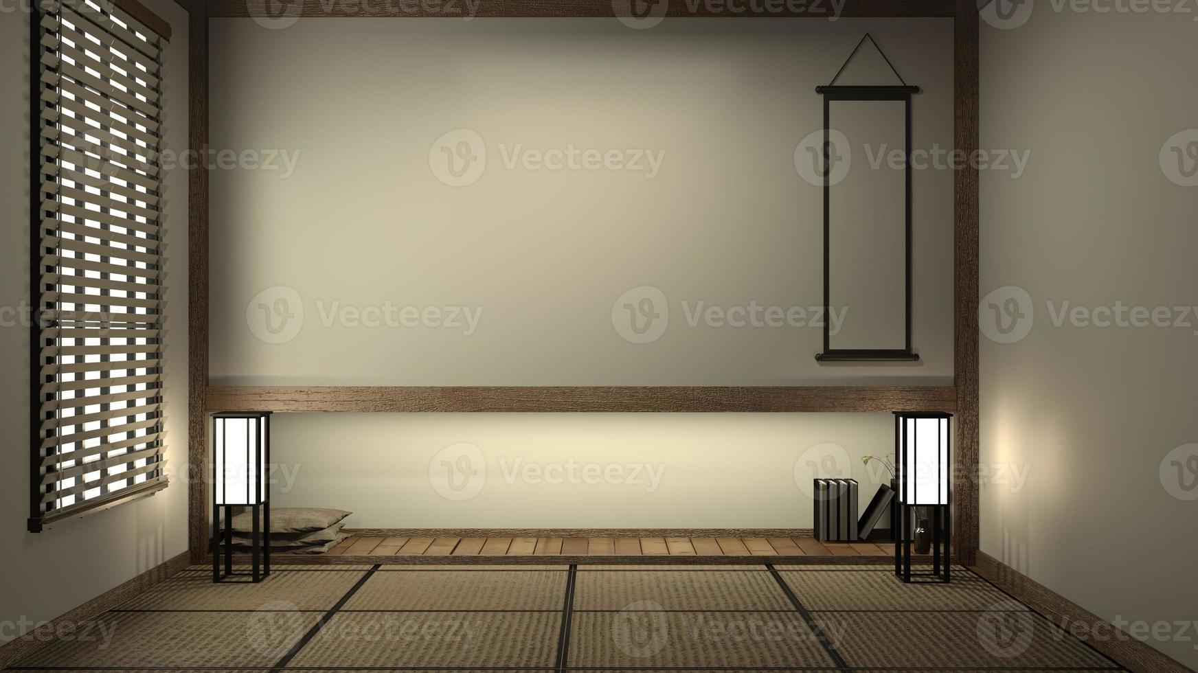 Leeres japanisches Wohnzimmer minimalistisches Design mit Tatami-Mattenboden und japanischer Shoji-Tür und Dekoration im japanischen Stil 3D-Rendering foto