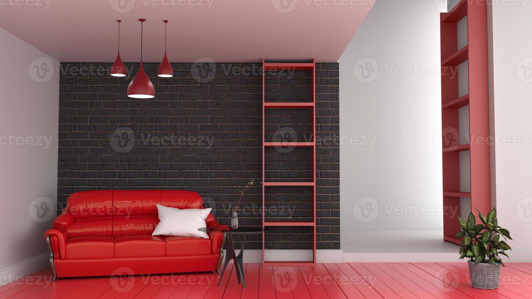 modernes rotes Zimmer Interieur, Wohnzimmer mit rotem Sofa und rotem Boden aus schwarzer Backsteinmauer 3D-Rendering foto