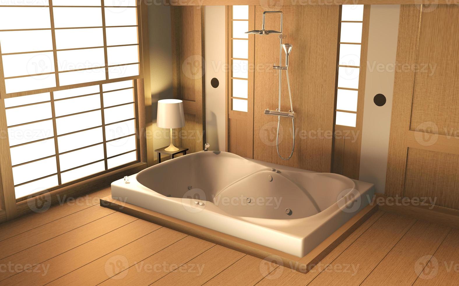 Zen Design Badezimmer Holzwand und Boden - japanischer Stil. 3D-Rendering foto