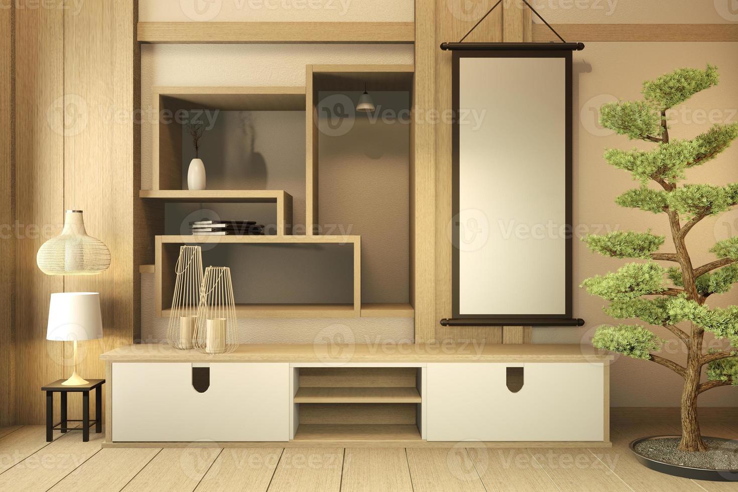 Mock-up-Regalwand, speziell im japanischen Stil entworfen, leerer Raum. 3D-Rendering foto