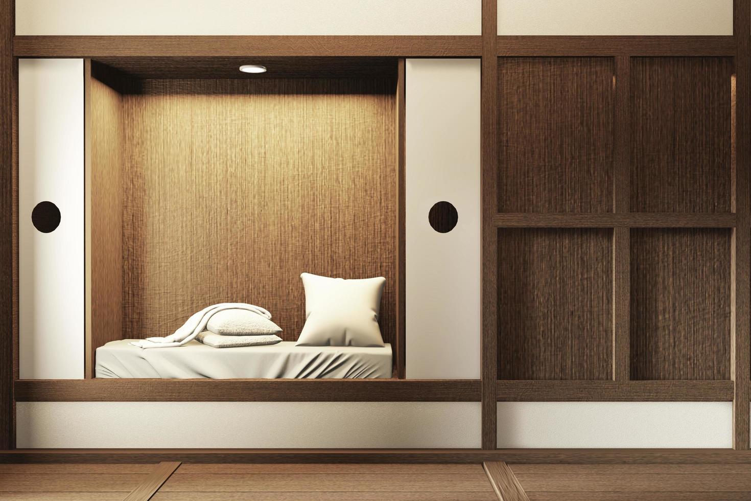 Modernes Zen friedliches Schlafzimmer. Schlafzimmer im japanischen Stil mit Regalwanddesign verstecktes Licht und Dekoration im japanischen Stil. 3D-Rendering foto
