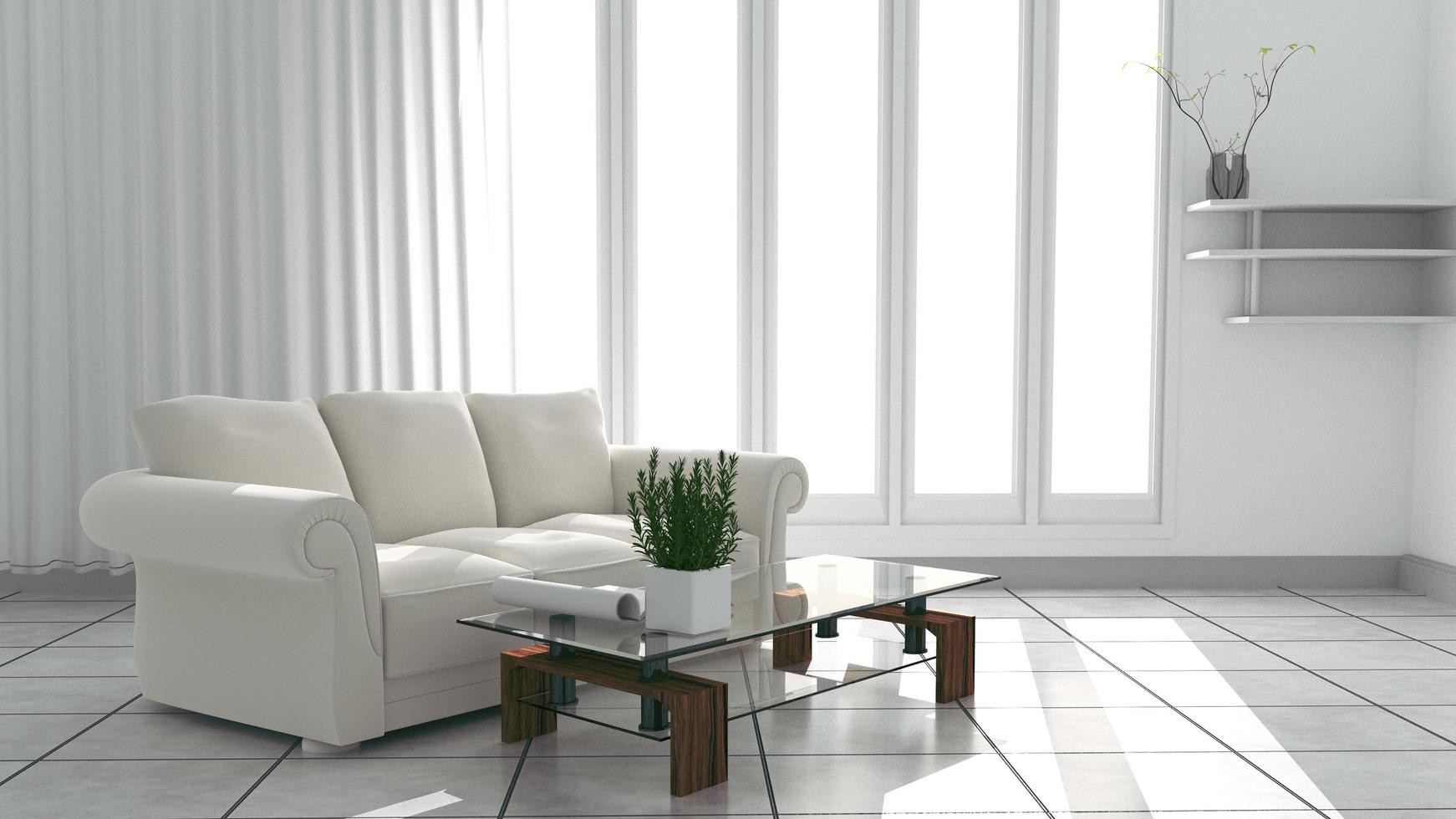 Wohnzimmer mit Sofa haben Kissen, Lampe und Vase mit Blumen auf weißem Wandhintergrund, 3D-Rendering foto