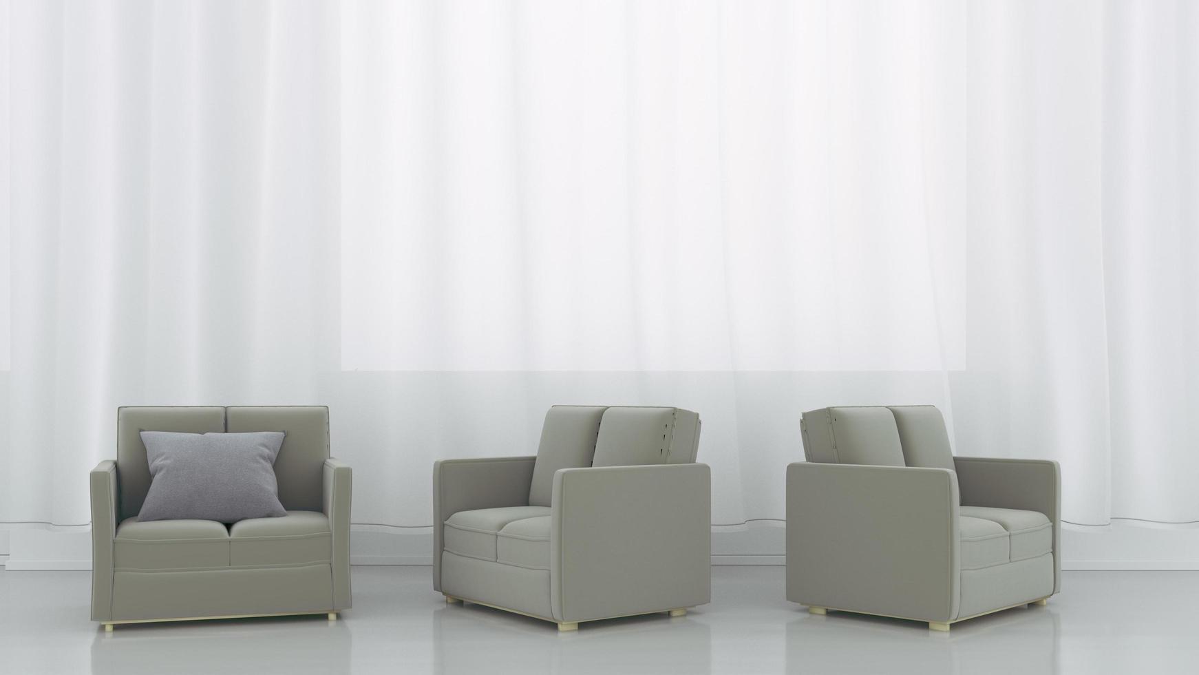 der Innenraum und drei Sofas auf leerem weißem Wandhintergrund. 3D-Rendering foto