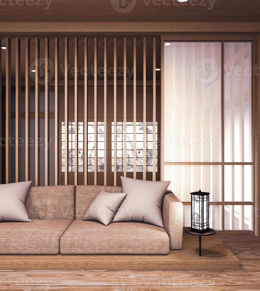 Sofa aus Holz japanisches Design, auf dem Zimmer japanischer Holzboden und Dekorationslampe und Pflanzenvase. 3D-Rendering foto