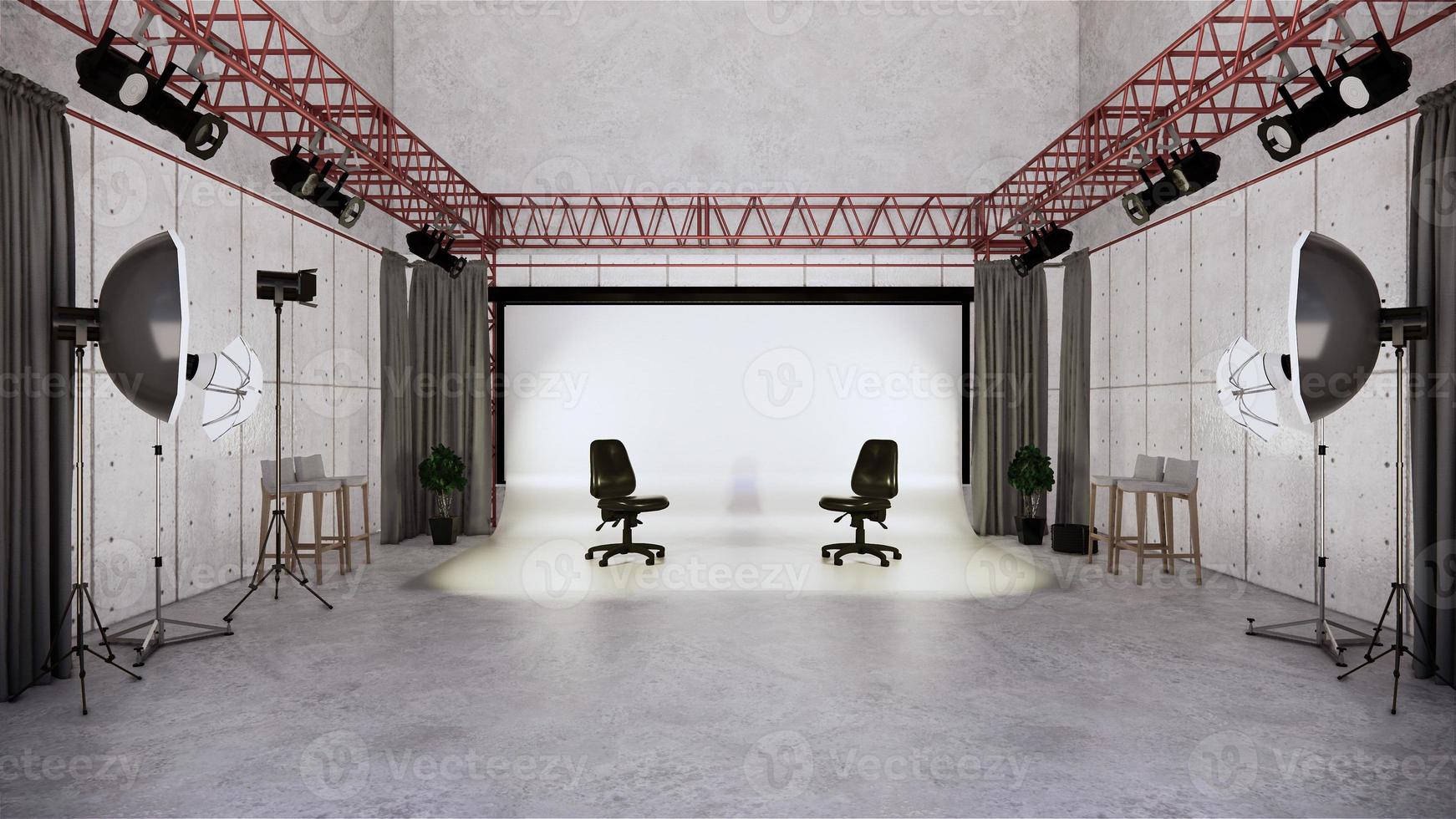 Studio - modernes Filmstudio mit weißer Leinwand. 3D-Rendering foto