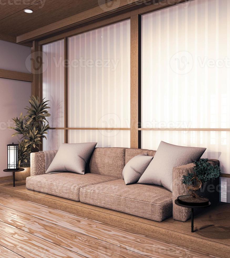 Sofa aus Holz japanisches Design, auf dem Zimmer japanischer Holzboden und Dekorationslampe und Pflanzenvase. 3D-Rendering foto