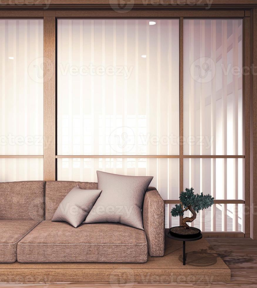 Sofa aus Holz japanisches Design, auf dem Zimmer japanischer Holzboden und Dekorationslampe und Pflanzenvase. 3D-Rendering foto